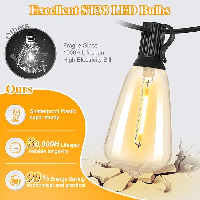 Brightever LED Outdoor String Lights 100FT Patio Lights with 52 Shatterproof 2200K ST38 Vintage Edison Bulbs, Amber Outside Hanging Light Waterproof for Porch, Deck, Garden, Dimmable Amber Lights Brightever