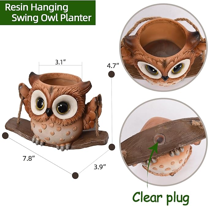 Swing Owl Hanging Planters for Indoor Plants, Cute Small Succulent Pots with Drainage Hole, Unique Resin Plant Hangers Outdoor, Hanging Plant Holder for String Of Pearls, Gift Ideas for Mother Saysmile