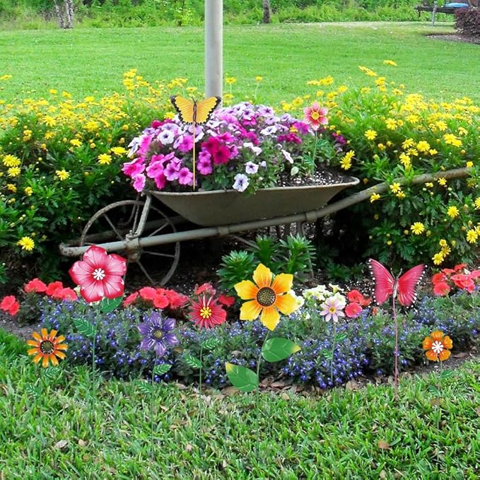 hogardeck Garden Decor for Outside, Set of 10 Metal Flowers Decorative Garden Stakes for Spring Decor, Yard Art Garden Decorations for Outdoor Lawn Porch Pathway (Multi-Color) (Color b) HOGARDECK