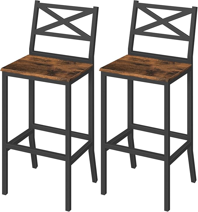 Bar Stools, Set of 2 Bar Chairs with Backrest and Footrest, 26" Tall Counter Bar Stools, Kitchen Breakfast Bar Chairs, Easy Assembly, for Dining Room, Rustic Brown BAHR0901N1 MAHANCRIS