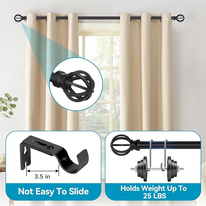 Black Curtain Rods for Windows 28 to 48 Inch, 2 Pack 5/8" Diameter Heavy Duty Metal Adjustable Small Drapery Rod With Bracket Poskena