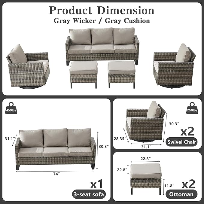 Belord Wicker Patio Furniture 5 Piece Outdoor Sofa Set, Oversize Outdoor Swivel Rocker Chairs with Rattan Ottomans, Conversation Sets Patio Furniture Come with Removable Washable Cushion Grey Belord