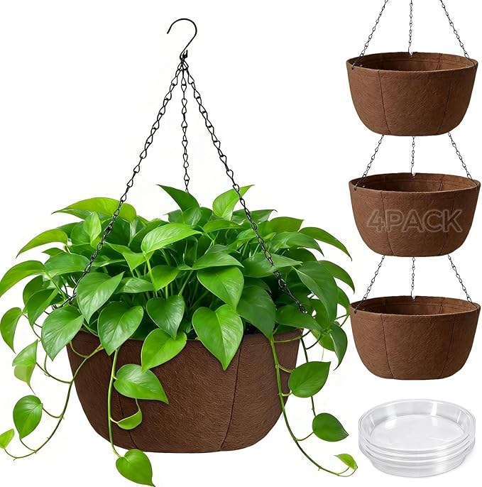 T4U Hanging Planters for Outdoor Plants, 10 Inch 4 Pack Fabric Hanging Baskets with Drainage Tray, Decorative Hanging Pots for Plants Outdoor Patio Porch Garden Use（Brown） T4U