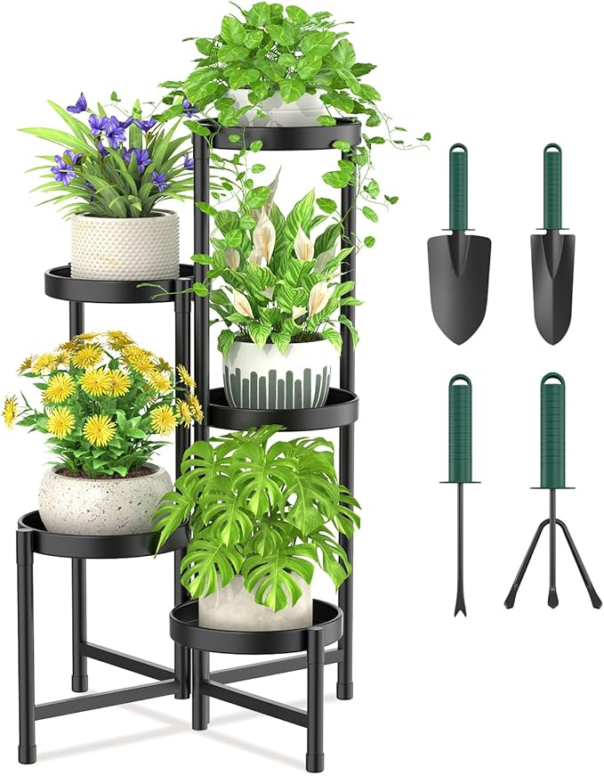 iDavosic.ly Plant Stand with Garden Tools, 5 Tier Corner Metal Flower Display Holder Shelf Indoor Outdoor, Easy Assembly Folding Tall Orchid Rack for Patio Balcony Porch Living Room House, Black iDavosicly