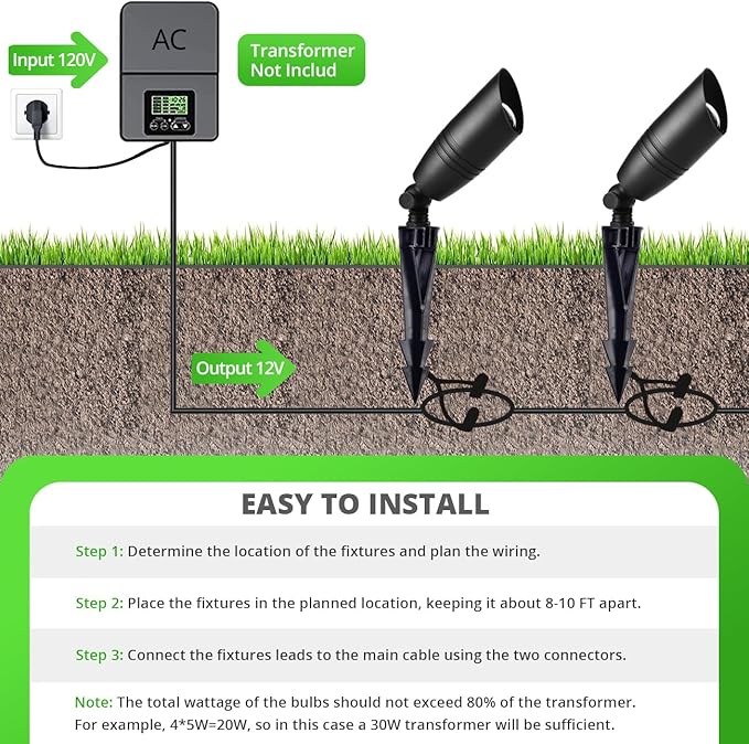 wowlite Low Voltage Spot Lights Outdoor LED 4 Pack, Die-cast Aluminum Landscape Spotlights, Waterproof Black Uplights with MR16 Bulbs Ground Stake for Garden Courtyard Pathway wowlite
