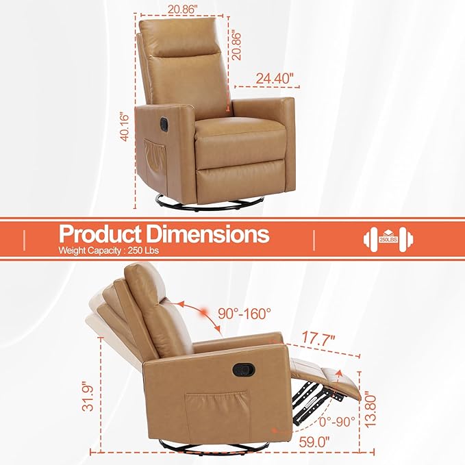 Sweetcrispy Recliner Chair, 360 Swivel Rocker Chair for Adults, Glider Rocker Recliners, Nursery Chairs for Living Room, High Back, Upholstered Deep Seat, Classical Brown Sweetcrispy