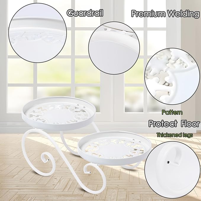 2 Tier White Plant Stand, Metal Flower Stand Indoor Outdoor, Anti-Rust Iron Plant Shelf, Round Flower Pot Stands for Multiple Plants, Display Rack Potted Plant Holders for Garden Home Decor Santentre