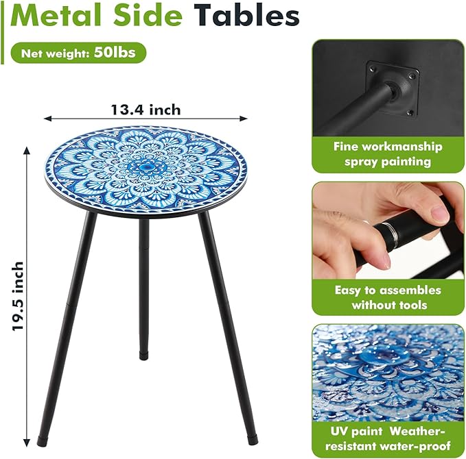 2 Packs Metal Mosaic Round Side Tables 13.4" Small Outdoor Patio Round Accent Coffee Tables Indoor Corner Stand for Small Spaces Weather-Resistant for Balcony, Porch Plant Stands Indoor, Blue Mosaic PartyZealot