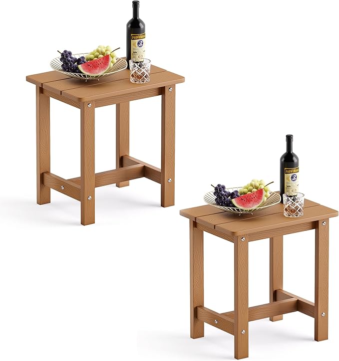 LUE BONA Outdoor Side Table Set of 2, HDPS Small Outdoor Adirondack Side Tables, Outside End Table for Patio, Porch, Deck, Pool, Weather Resistant/Easy Maintenance, Teak Color LUEBONA