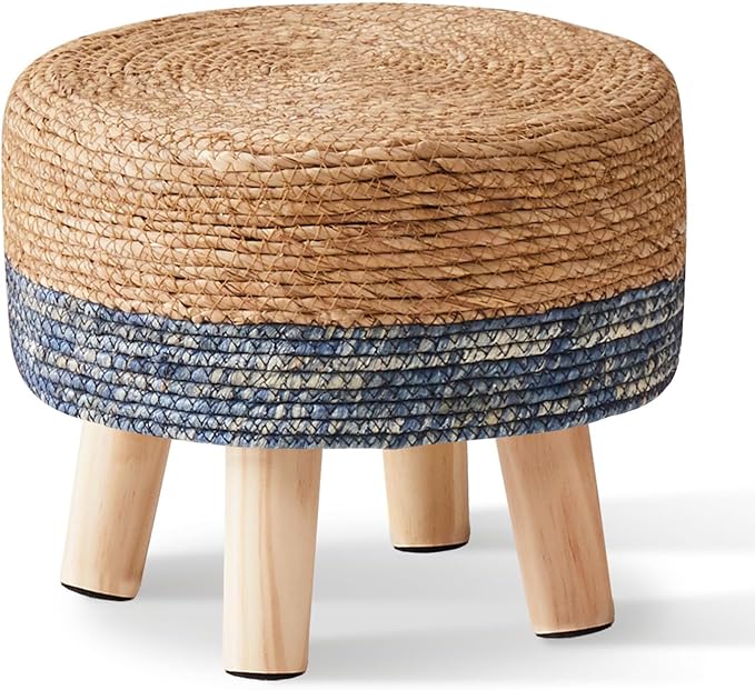 Wimarsbon Round Foot Stool Natural Seagrass Poufs Ottoman Hand Weave Footrest Stool for Couch Desk Extra Seat Step Stool with Solid Wood Legs for Hallway Patio Lounge Blue Wimarsbon
