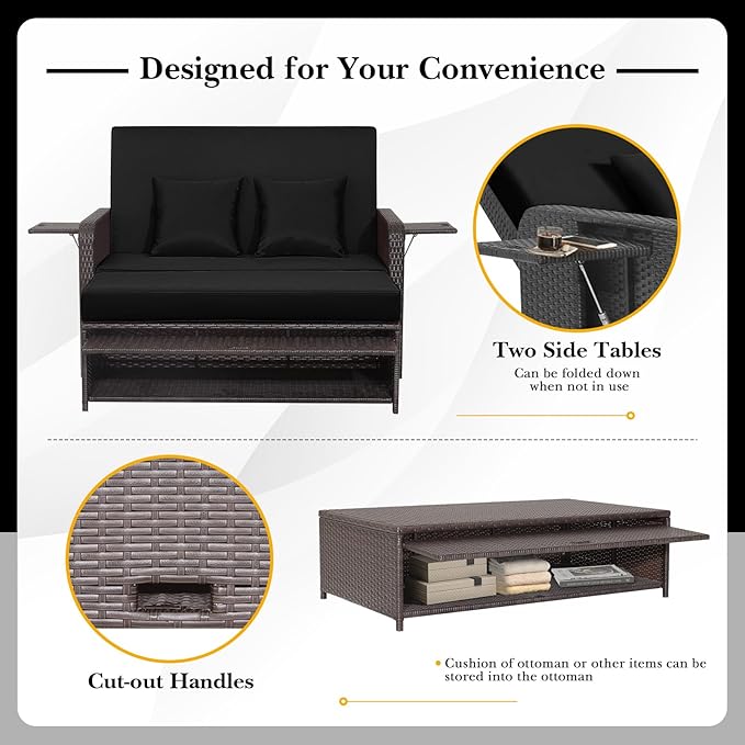 Tangkula Patio Rattan Daybed with 4-Level Adjustable Backrest, Outdoor PE Wicker Loveseat with Storage Ottoman & Folding Side Tray, Double Sunbed Lounger for Balcony, Backyard & Poolside, Black TANGKULA