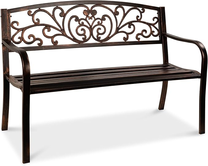 Best Choice Products Outdoor Bench Steel Garden Patio Porch Furniture for Lawn, Park, Deck w/Floral Design Backrest, Slatted Seat - Brown BestChoiceProducts