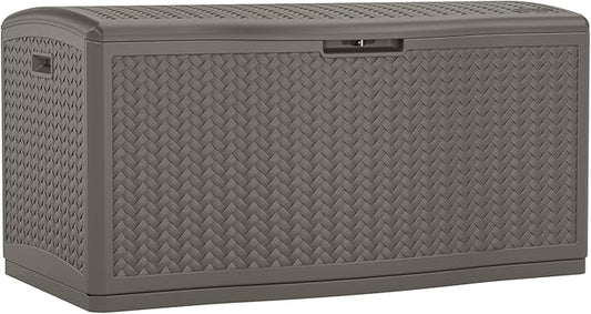 Suncast Extra Large Deck Box - 124 Gallon Resin Outdoor Storage Box with Lockable Lid for Outdoor Cushion Storage, Toys, & Garden Gear, Stoney Grey Wicker Bin for Patio, Porch, Pool, & Yard Suncast