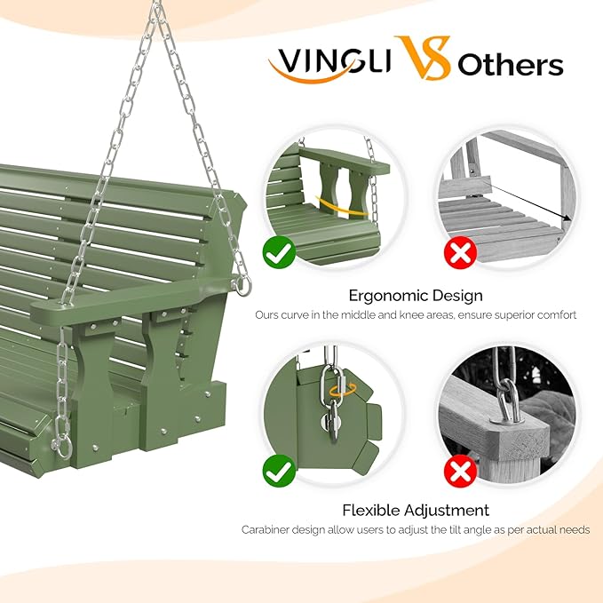 VINGLI Upgraded Patio Wooden Porch Swing for Courtyard & Garden, Heavy Duty 880 LBS Swing Chair Bench with Hanging Chains for Outdoors (Green, 5 FT) VINGLI