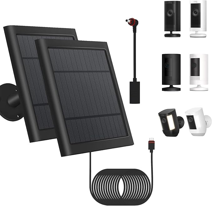2 Pack - Solar Panel for Ring Security Camera Spotlight Cam Plus/Pro(Battery) Stick Up Cam/Pro Wireless Outdoor with 10FT/3M Long Cable Dustproof Waterproof BK Fehuatenda