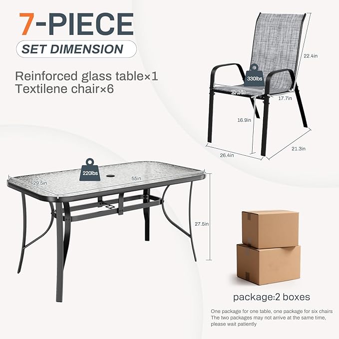 TLSUNNY 7 Pieces Patio Dining Set, Outdoor Table and Chairs W/1.69″ Umbrella Hole, 30"X 55" Table and Stackable Textilene Chair, All Weather Patio Furniture Set (Umbrella not Included) (Grey) TLSUNNY