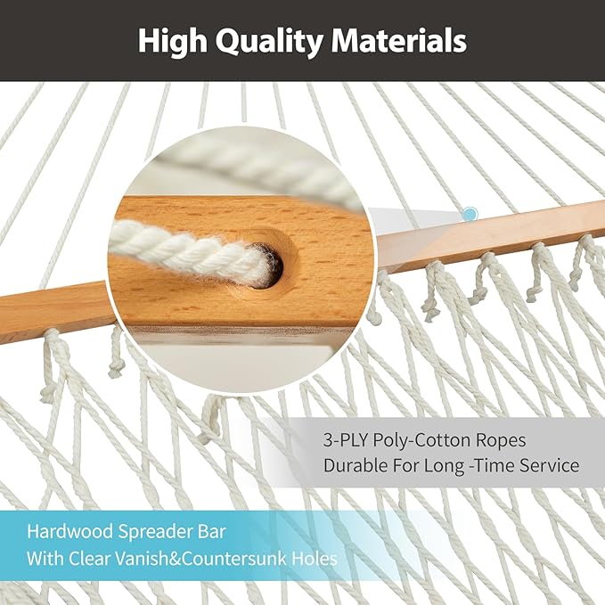 Outdoor Double Hammock with Hardwood Spreader Bars, Large Rope Hammock with Polyester Pad and Pillow, 475 LBS Capacity for 2 Person Patio Backyard Poolside - Bule Stripe CHULIM
