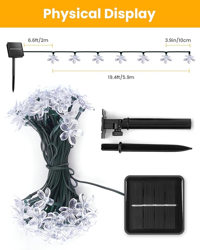 Brightown 60 LED Solar String Lights Flower Outdoor Waterproof Fairy Lights for Garden Yard Fence Patio Christmas Tree Wedding Party Decor, Warm White Brightown