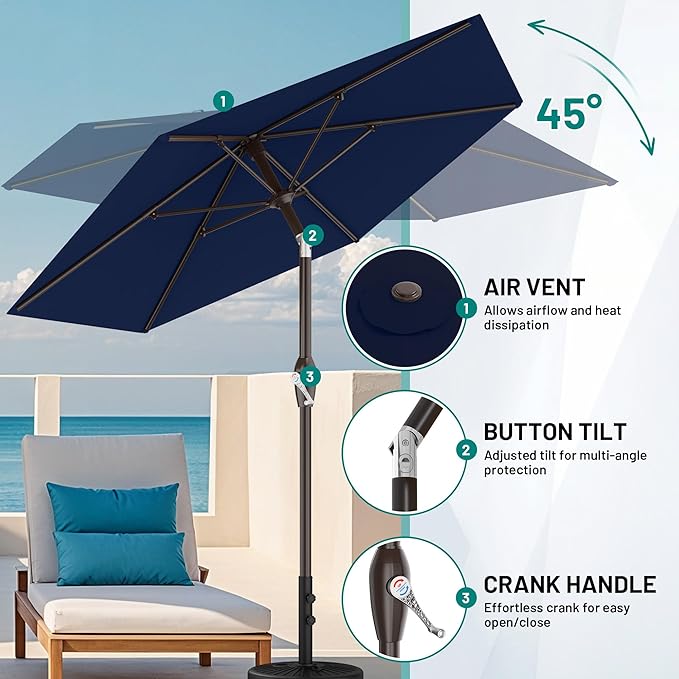 AreShark 7.5FT Patio Umbrella Table Market Umbrella with 6 Sturdy Ribs, Button Tilt/Crank Heavy-Duty Round Outdoor Umbrellas for Garden, Deck, Backyard,and Pool, Navy Rootora