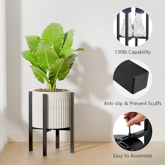 Adjustable Metal Plant Stand Indoor Outdoor - Fits 8 to 12 Inches Pots - Mid Century Modern Planter Stand Single Floor Flower Pot Holder Home Decor for Gardening Gifts Linpla