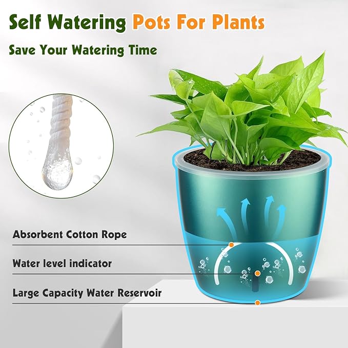 Self Watering Pots for Indoor Plants, 4-Pack 6.7'' Self Watering Planter with Drainage Holes, Small African Violet Pots with Water Indicator, Clear Wick Orchid Pot, Blue Gold KvyusFlourish