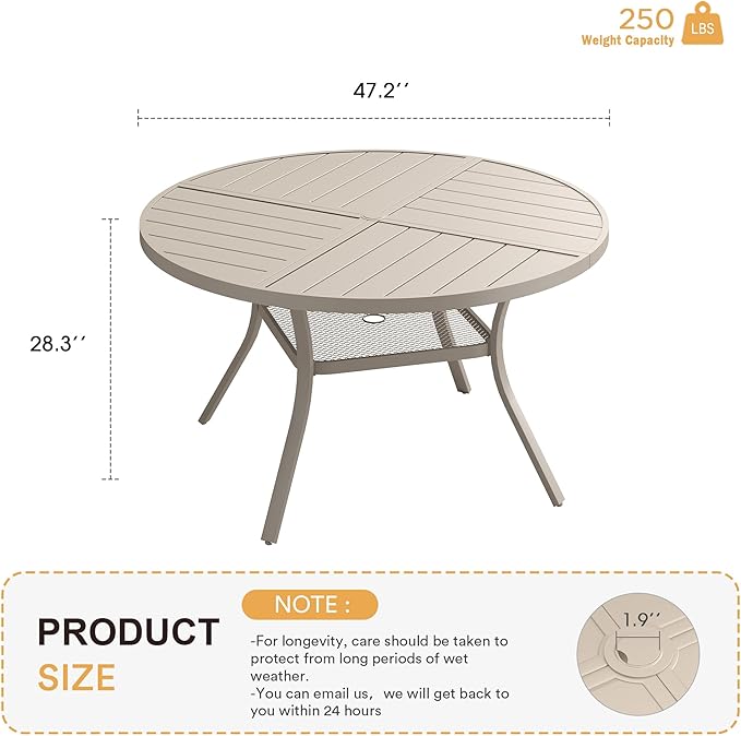 VICLLAX Round Patio Table with Adjustable Umbrella Hole for 6, All Weather Metal Outdoor Dining Table for Lawn Garden, 47.2" Outdoor Coffee Table, Cream Color Frame HOME