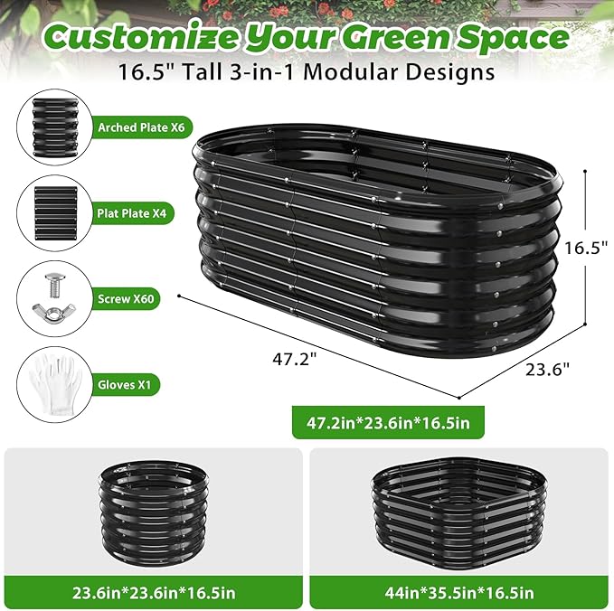 17" Tall Outdoor Garden Raised Garden Bed Kits, 4ft X 2ft Oval,0.8MM Thick Metal Raised Planter Bed/Ground Planter Box for Variety of Flowers,Herbs,Vegetables (Black, 48X24X16.5 Inches) YSEJOMP