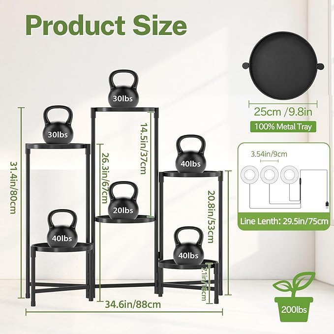 iDavosic.ly 6 Tier Large Plant Stand Indoor with Grow Light, Tiered Corner Metal Outdoor Flower Display Holder Shelf with 10 Inch Wide Tray, Folding Tall Rack for Patio Porch Living Room, Black iDavosicly