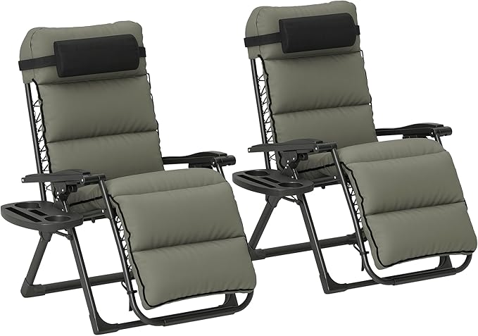 Outsunny Zero Gravity Chairs Set of 2, Reclining Folding Zero Gravity Lounge Chair, Outdoor Lounge Chairs with Removable Cushion, Headrest, and Cup Phone Holder Tray for Patio, Beach, Gray Outsunny