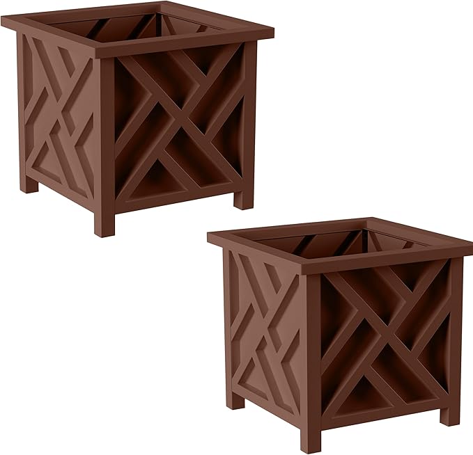 Lattice Design Outdoor Planter Box 2-Pack - 14.75” Square 13” Tall Brown Decorative Plant Pots for Front Porch Decor - Flower Pots Outdoor Planters for Porch Patio or Garden Decor by Pure Garden PureGarden