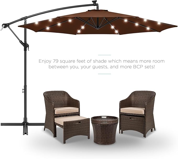 Best Choice Products 10ft Solar LED Offset Cantilever Hanging Market Patio Umbrella, 8 Sturdy Ribs, Easy Adjustment - Brown BestChoiceProducts
