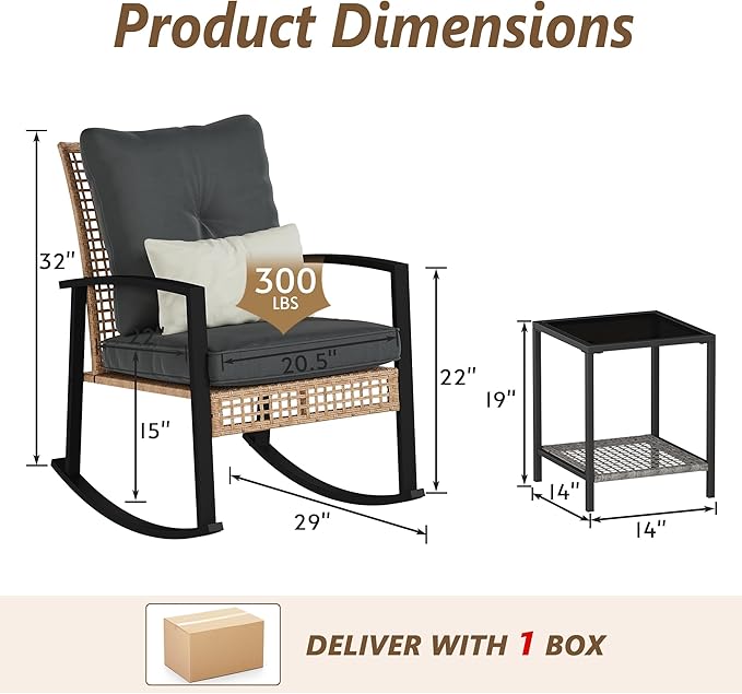 3 Piece Patio Rocking Chairs Set of 2, Outdoor Rocking Chair Bistro Set with Tempered Glass Coffee Table and Thick Lumbar Pillow Set, Front Porch Chairs for Garden, Backyard (Gray Cushion) Rotihom