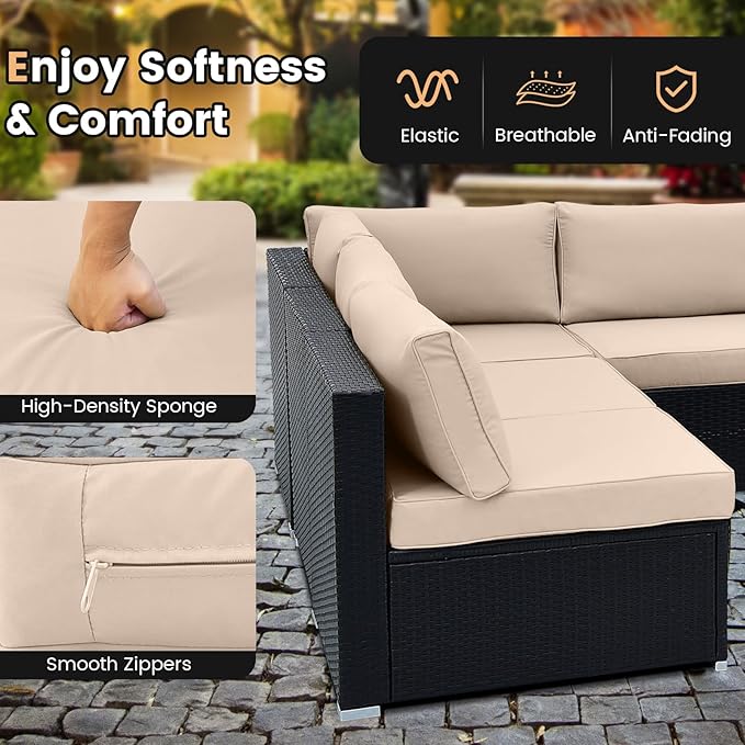 Tangkula 10 Pieces Patio Sofa Set, Outdoor Wicker Conversation Set with Soft Cushions, Tempered Glass Tabletop, Sofa Fastener Clips Included, Rattan Furniture Set for Backyard, Poolside (Beige) TANGKULA
