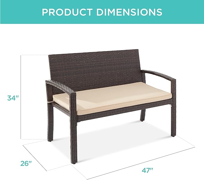 Best Choice Products Outdoor Bench 2-Person Wicker Garden Patio Benches Seating Furniture for Backyard, Porch w/Seat Cushion, 700lb Capacity - Brown/Tan BestChoiceProducts