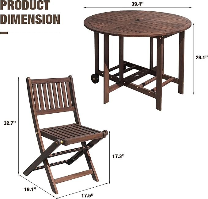 Devoko 5 PCS Patio Furniture, Patio Dining Set Acacia Wood Outdoor Table and Chairs, with 4 Folding Chairs and 37" Round Movable Table, Outdoor Dining Set for Lawn, Balcony, Garden (Deep Brown) DEVOKO