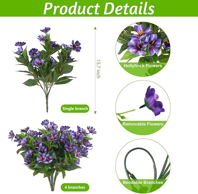 Fake Artificial Flowers for Outdoors Decoration,4 Bundles Silk Faux Spring Flowers with Plants Leaves UV Resistant for Planter Front Door Porch Yard Patio Window Box Home Indoor Decor Hrobek