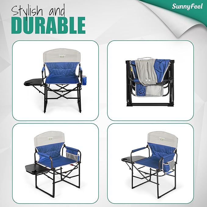 SUNNYFEEL Camping Directors Chair, Heavy Duty,Oversized Portable Folding Chair with Side Table, Pocket for Beach, Fishing,Trip,Picnic,Lawn,Concert Outdoor Foldable Camp Chairs SunnyFeelCamping