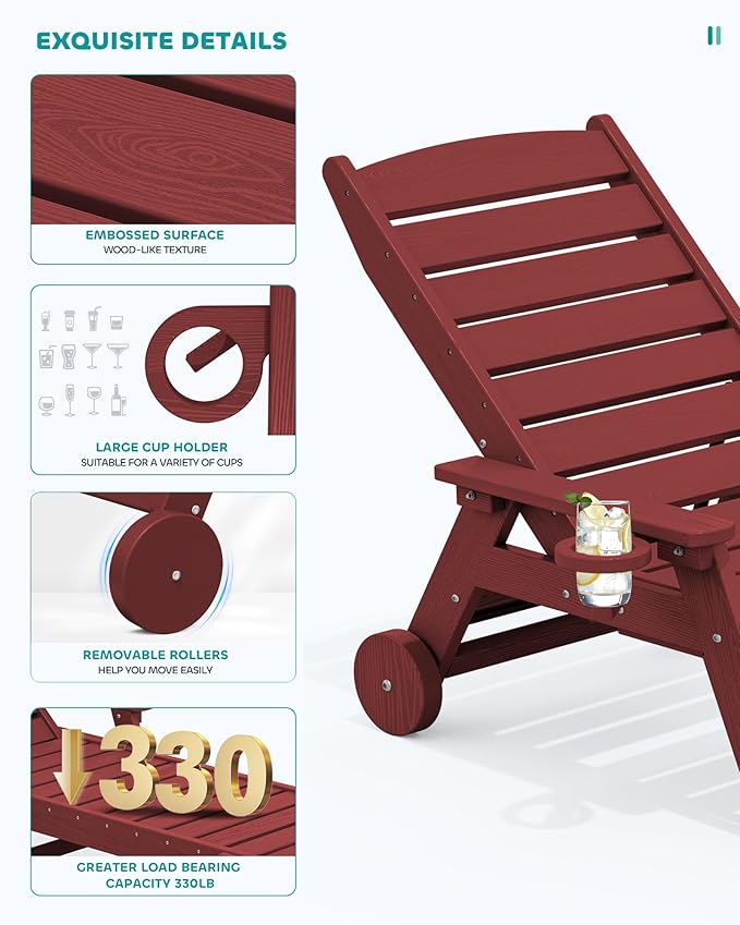 SERWALL Patio Chaise Lounge Chair Set of 2, 78'' Long 5-Positions Adjustable HDPE Outdoor Lounger for Pool, Poly Lounge Chair with Rolling Wheels & Cup Holder for Poolside, Deck, Dark Red SERWALL