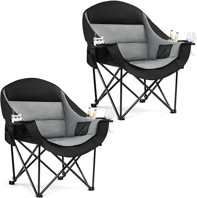 Oversized Camping Chair for Adults - Heavy Duty Outdoor Padded Large Lawn Camp Chair with Cup Holder Cooler Pockets for Sports Beach Fishing Garden Portable Supports 500lbs, Black/Grey 2 Pack PUVASIA