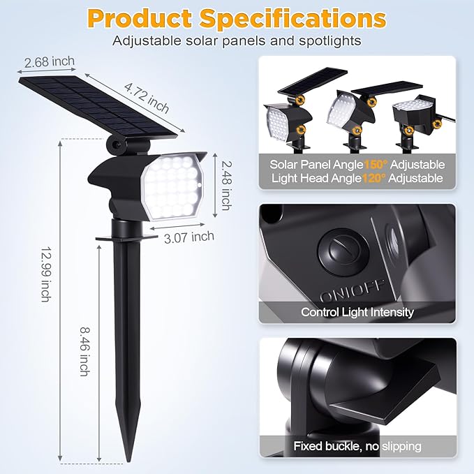 23 LED Solar Spot Lights Outdoor Waterproof, 2 Pack Solar Lights UP to 20Hrs, 3 Brightness Levels Spotlight Landscape Lighting, Auto ON/Off Outdoor Solar Lights for Yard, Garden, Lawn (Cool White) Rootora