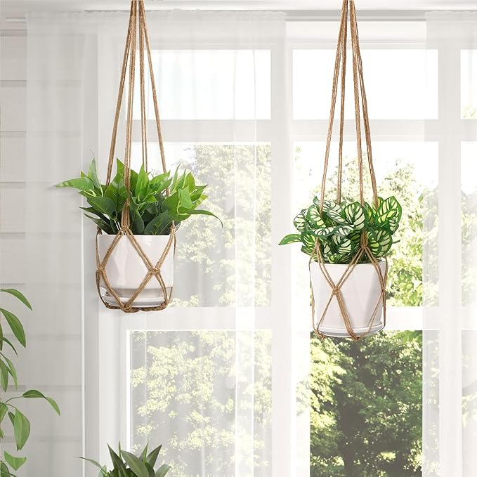 YIBOT Macrame Plant Hanger Indoor Set of 2 with 2 S Hooks, Indoor Outdoor Hanging Planter for Plants Holder with Decorative No Tassels, Boho Home Decor, 35 Inch, Brown (Pots Not Included) YIBOT