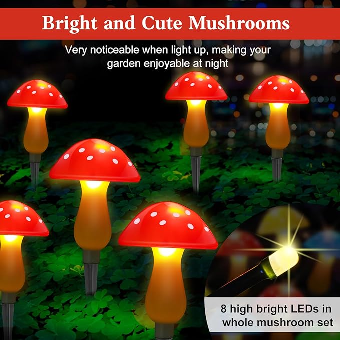 Mushroom Solar Lights Outdoor Waterproof, Whimsical and Cute Solar Mushrooms Stake Lights for Outside with 8 Lights and 8 Modes for Fariy Garden Yard Lawn Path Planter Flower Bed Decor (Red) ReyeeInc