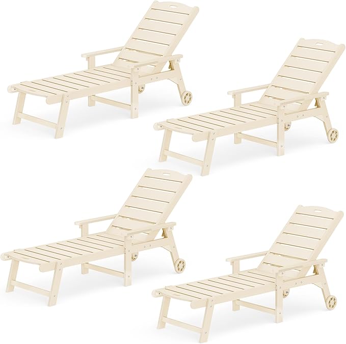 LUE BONA Outdoor Chaise Lounge Chairs Set of 4, HDPS Chaise Lounger, 5 Positions Adjustable Lounge Chairs, Pool Lounge Chair with Wheels for Poolside, Sand LUEBONA