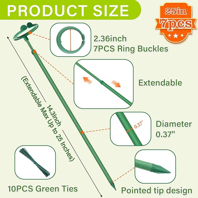 Extendable Plant Stakes,Adjustable Length from 14.3IN to 25IN Monstera Support Stakes with Clips,Sturdy Plant Stakes for Indoor Outdoor,Garden Sticks for Orchid,Tomato,Climbing Plants- 7Pack GAGANANG