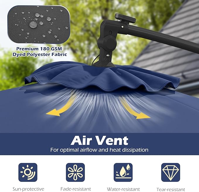 Tangkula 10ft Solar LED Patio Umbrella with Base, Offset Cantilever Outdoor Umbrella with 32 LED Lights, Infinite Tilt, 360 Degree Rotation, Crank Handle for Pool Deck Garden Backyard (Navy) TANGKULA