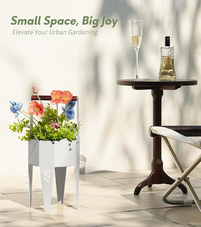 Planter with Stand, Metal 2 in 1 Portable Planter with Grow Bags & Handle, Stable Stylish Indoor Plant Pots with Stand, Modern Flower Pots Outdoor, 7.5'' x 17.3'', White, Plant Not Included SculptingLightGarden