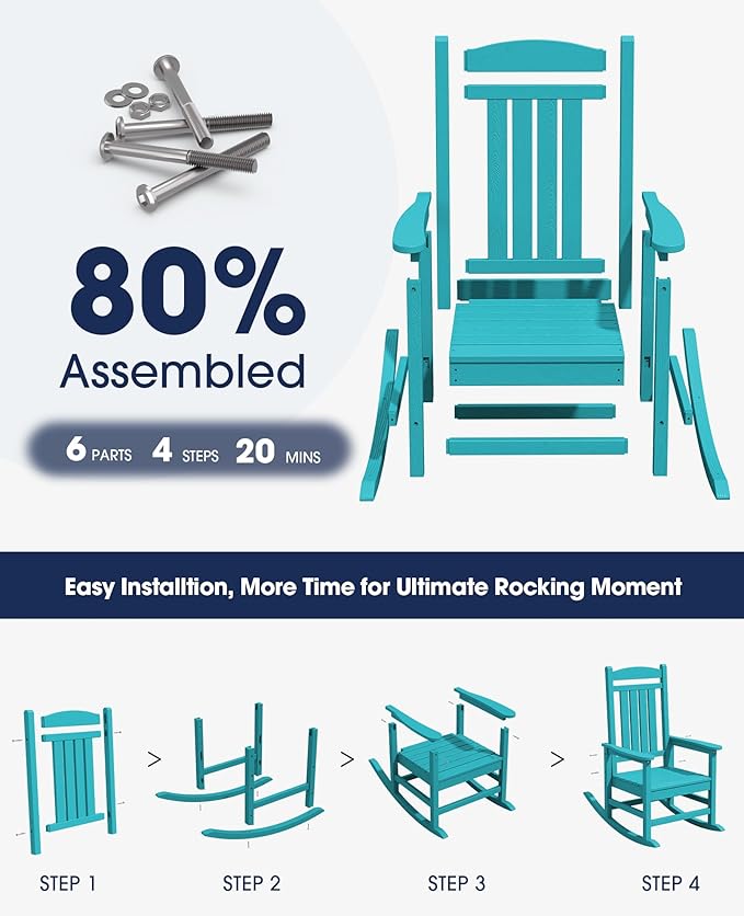 KINGYES HDPE Outdoor Rocking Chair Set of 4, All-Weather Poly Patio Rocking Chairs with 330lbs Support for Adults, Aruba Blue KINGYES