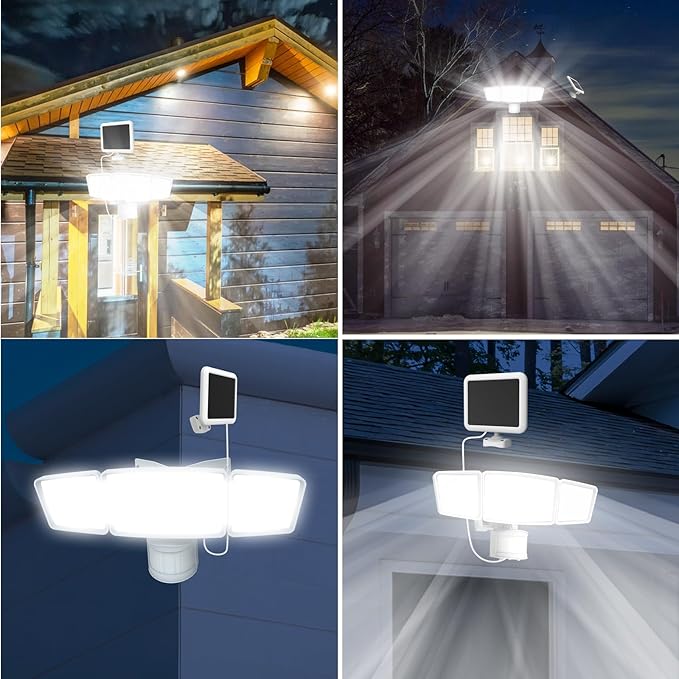 Energetic Solar Outdoor Lights, 1800LM 192 LED Security Motion Sensor Outdoor Lights with Remote Control, IP65 Waterproof Floodlight, 3 Head Motion Detected Spotlight for Garage, Pack of 2 (White) EENERGETICLIGHTING