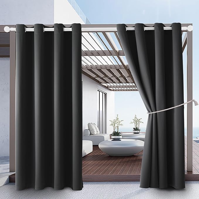 Water Proof Outside Curtains with Grommet Top for Porch, W52 x L120 Thermal Insulated Washable Outdoor Divider Drapes for Patio Gazebo Deck Pool Area Pergola Cabana (Dark Gray, 2 Panels) DivaenCamino