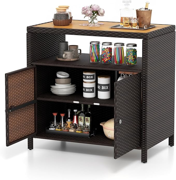 Tangkula Rattan Outdoor Storage Cabinet, Patiojoy Outdoor Cabinet with Acacia Wood Countertop, Open Compartment, 2-Door Wicker Sideboard, Outdoor Bar for Patio Garden Backyard Poolside (Mix Brown) TANGKULA